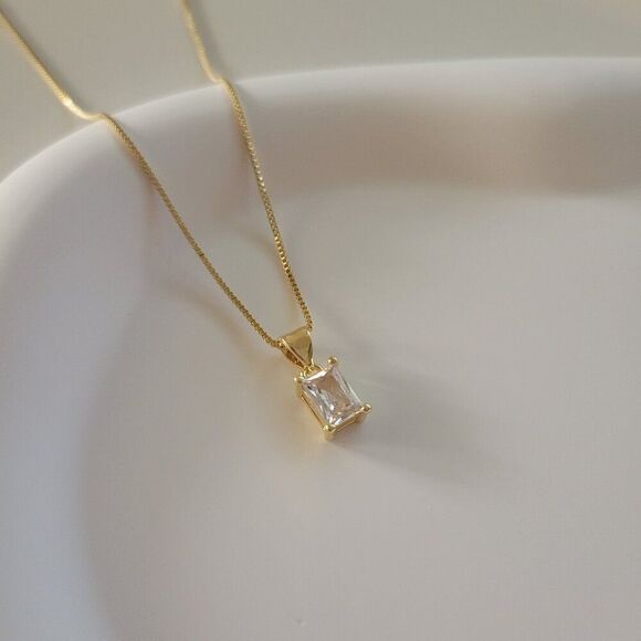 Baguette Rhinestone Charm Necklace Gold Filled on Box Chain - Picture 2 of 10